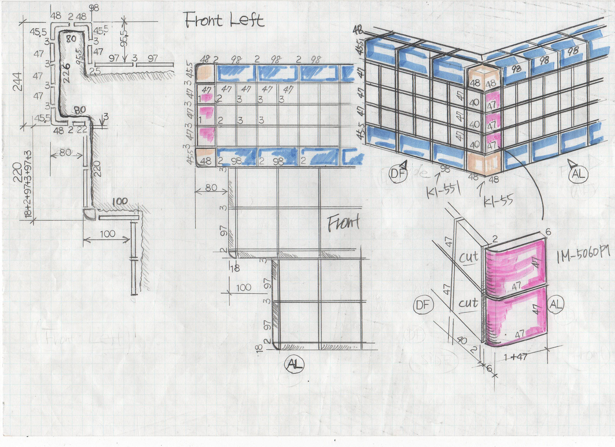 Sketch of tile layouts courtesy of INAX, Artedomus desk design.