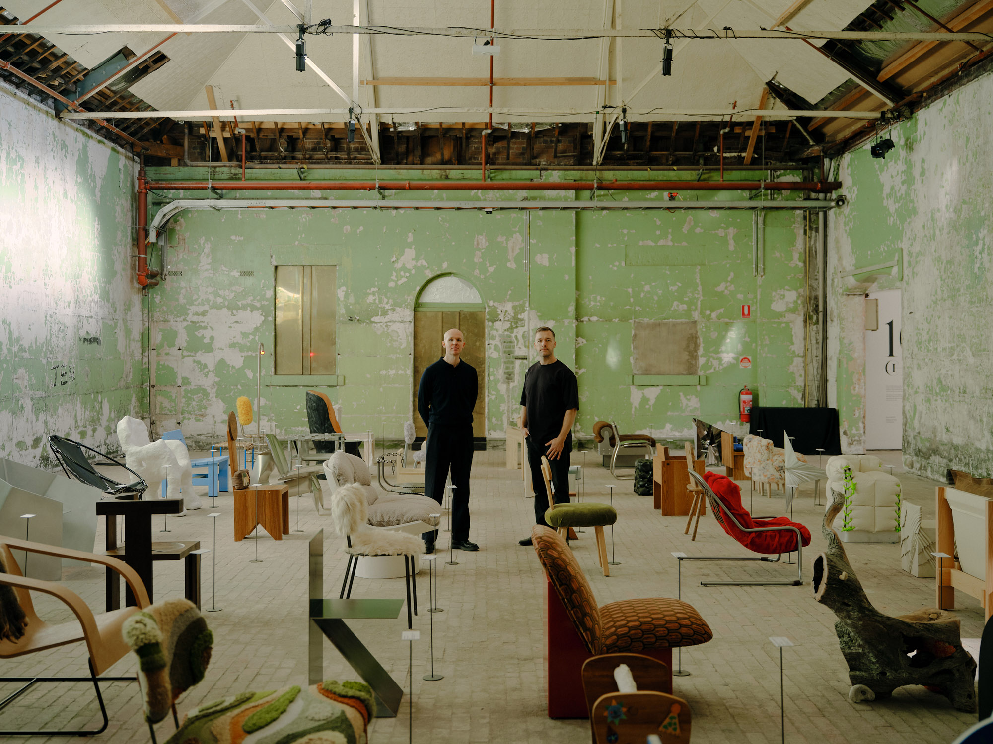 Dale Hardiman, left, with Tom Skeehan, right, at 100 Chairs, photography by Tom Ross. Melbourne Design Week