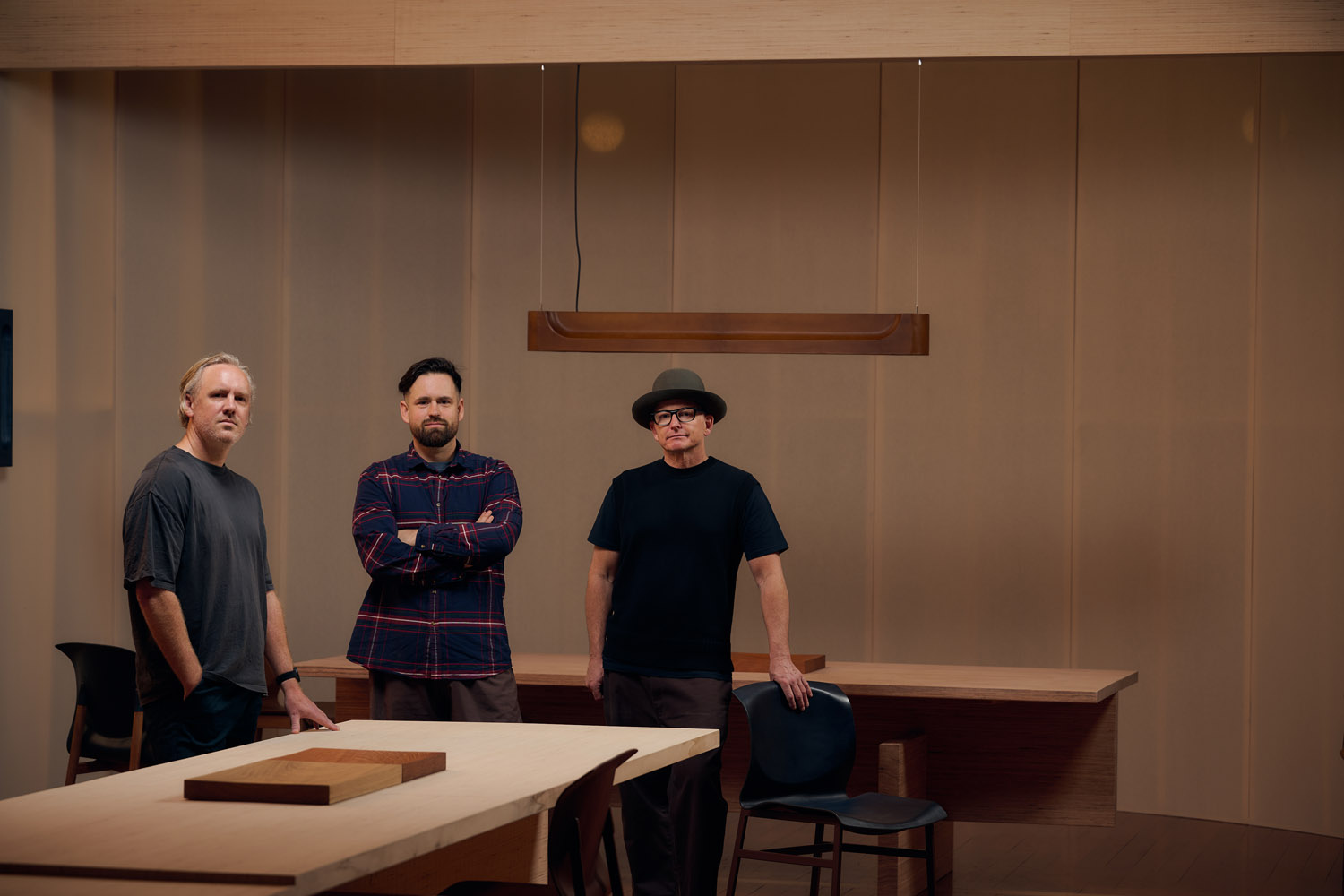 Left to right, Henry Williams, Andrew Carvolth, and Jon Goulder who was named winner of the2026 Melbourne Design Week Award presented by Mercedes Benz, photography by Eugene Hyland.